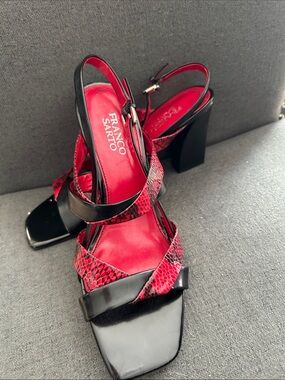 Franco Sarto Red & Black Snake-Print Block Heel Slingbacks
